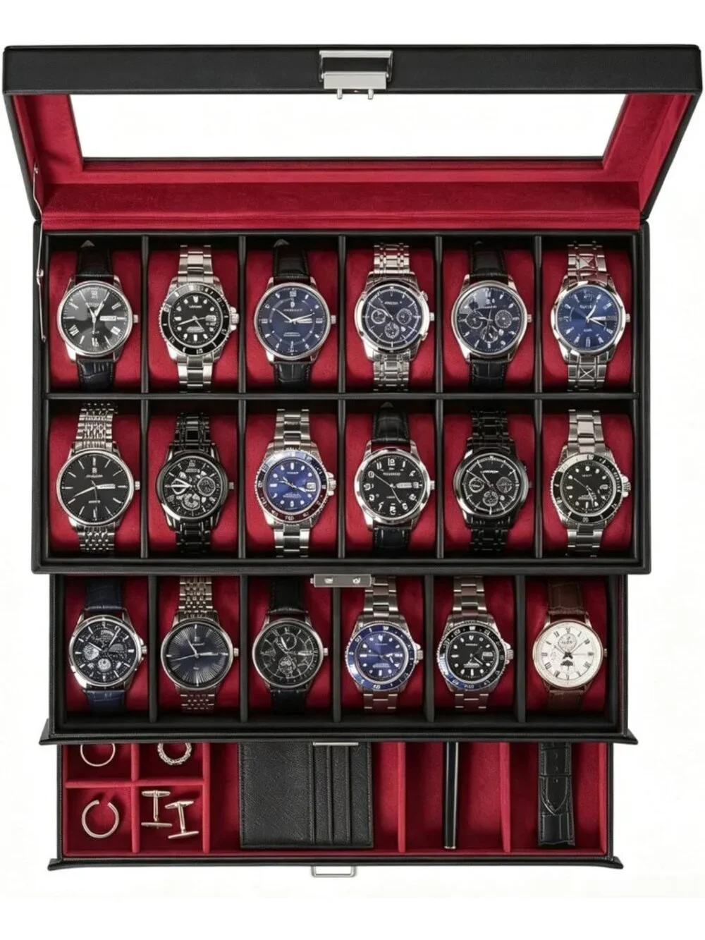 Large 24-Slot Watch Box for Men - Elegant Wine Red Organizer for Timepieces